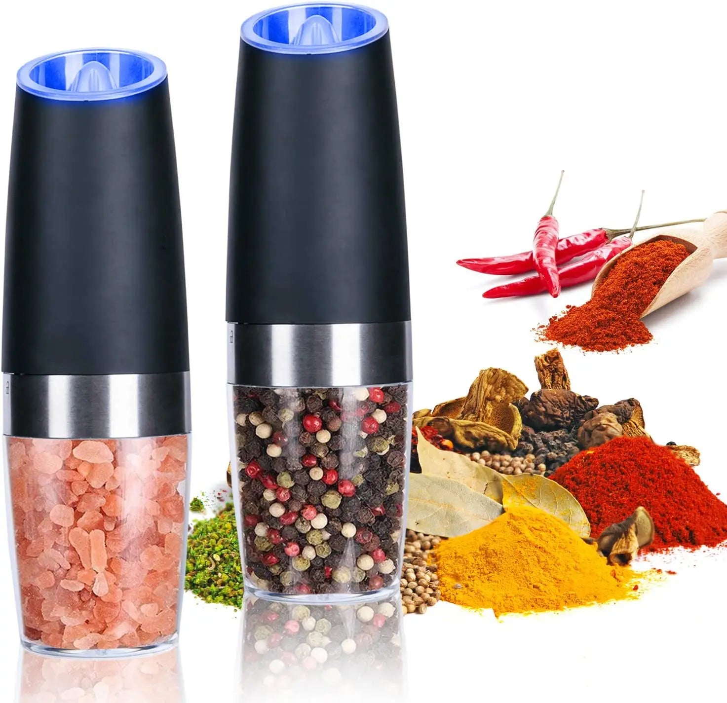 Wholesale Hot Sale Electric Plastic Black Salt Pepper Mill Grinder Set with Blue LED Light Eco-Friendly Herb & Spice Tools