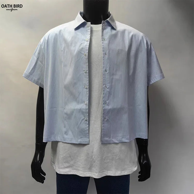Wholesale Custom Cotton Casual Shirt Stand-up Collar Short Sleeve Men's Shirts Boxy Cropped Stripe Casual Shirts for Men