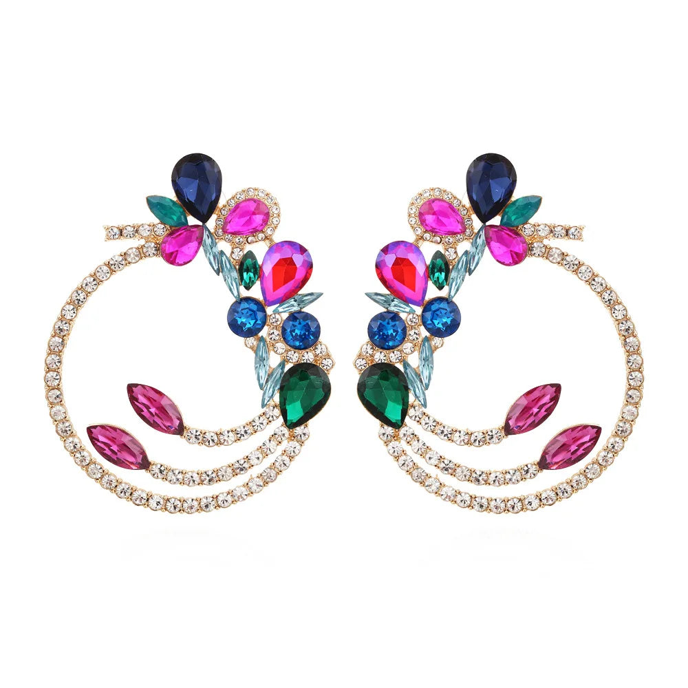 2023 Valentines Days  Luxury Style Colorful Diamond Flower Earrings Personality Creativity Hollow Round Alloy Diamond Earrings
