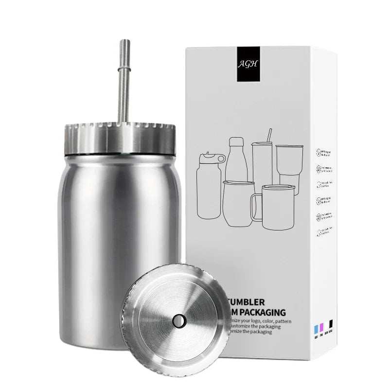 Custom Mason Jar Double Wall Vacuum Insulated Mason Jar Cup 500ml Stainless Steel Mason Jar With Straw and Lid