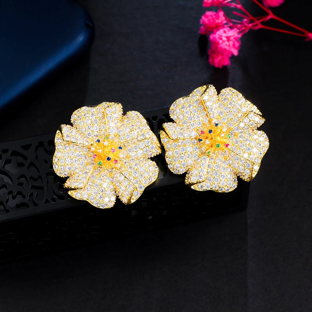 Delicate Yellow 18k Gold Plated Cubic Zircon Micro Pave CZ Wedding Party Jewelry Luxury Big Flower Drop Stud Earrings for Women