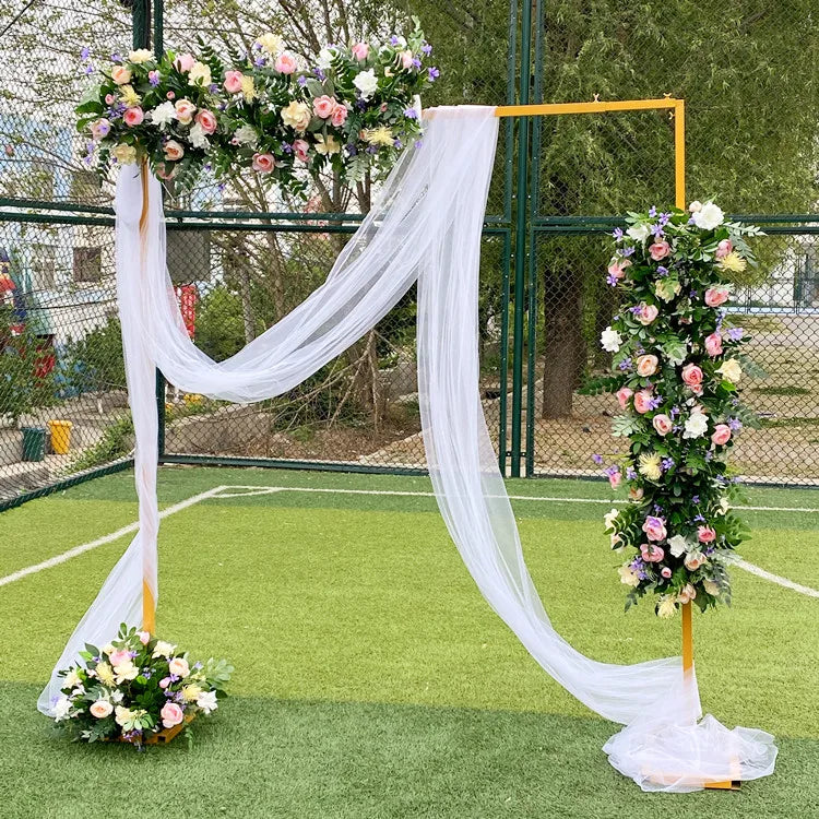 Wedding Ceremony Arch Backdrop  Fabric Sheer Curtain Wedding Backdrop Frame Gold White Square Metal Frame Arch Decorations