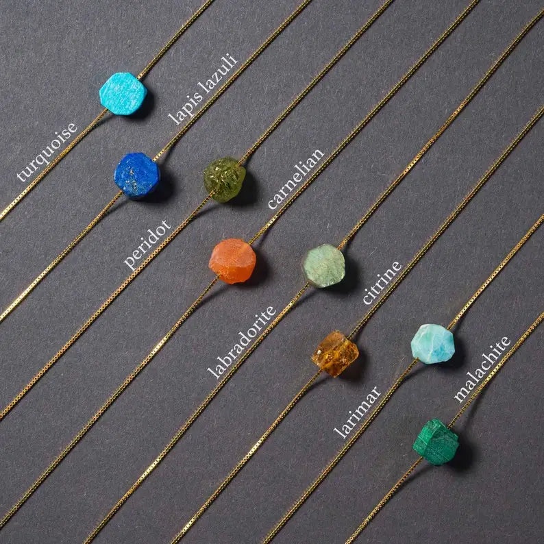 Handmade Raw Stone Necklace Birthstone Stainless Steel Box Chain Natural Stone Necklace