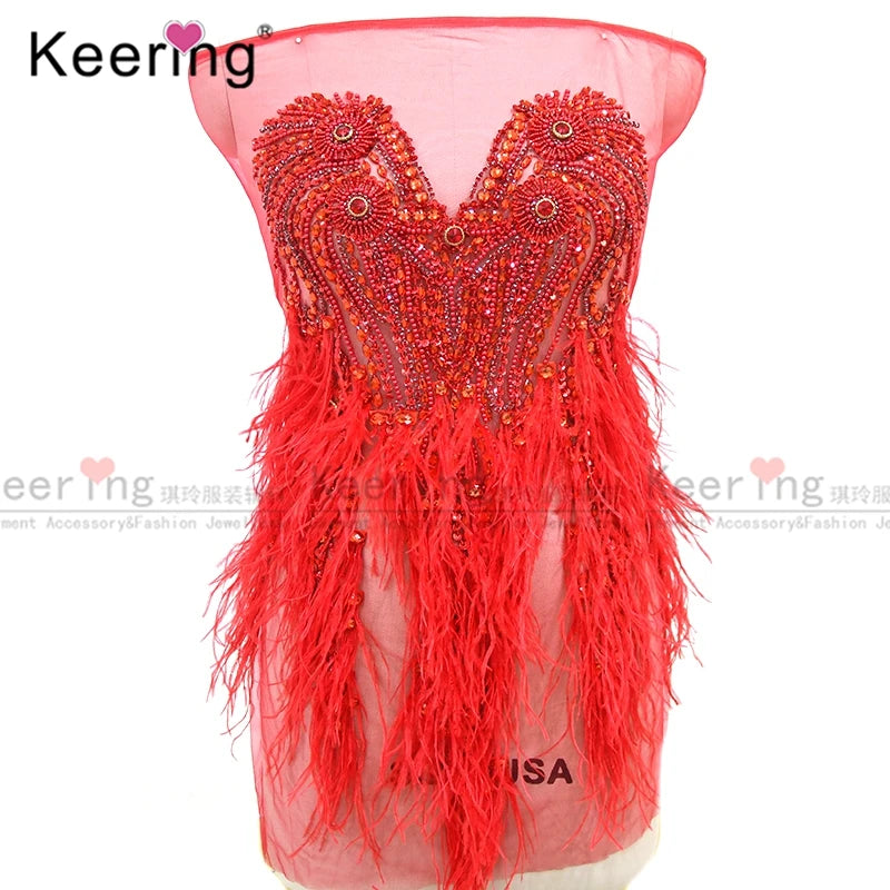 Wholesale Designer Rhinestone Appliques Bodice Crystal Sew on Wedding Feather Lace Dress WDP-309