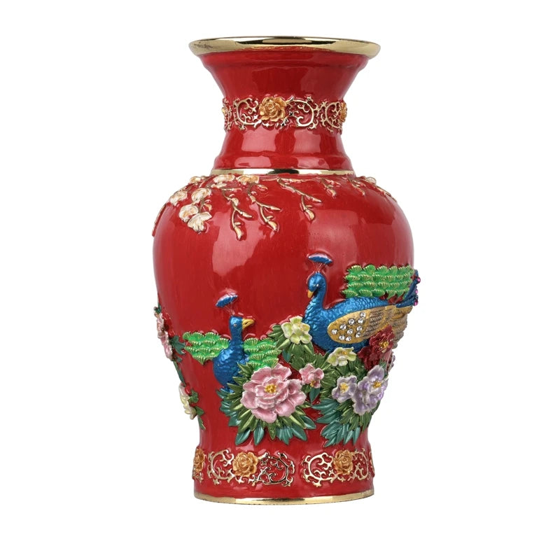 SHINNYGIFTS Enamel Metal Craft Peacock Bejewelled Vase Decoration Pewter Feng Shui Figurine Painted for Wedding Favor Home Decor