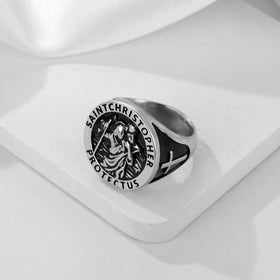 Vintage Rings Custom LOGO Made Religious Style 316L Stainless Steel Christian Cross Saint Christopher Rings for Men Women