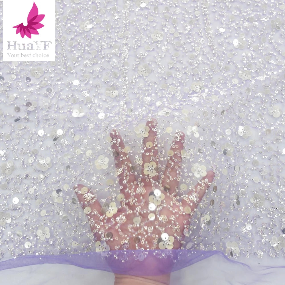 Lilac Lace Tulle With Beads and Sequins Pretty Mesh Fabrics for Wedding Dress HY1306-1