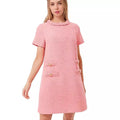 Elegant Solid Woven Round-Neck Short-Sleeve Button-Detailed Sweet Washable A-Line Tweed Dress for Women