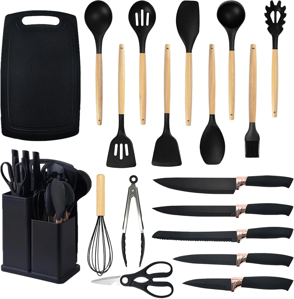 19 Pcs Silicone Kitchen Cooking Utensils Cutting Board Food Grade Kitchen Utensil Knife Set with Holder