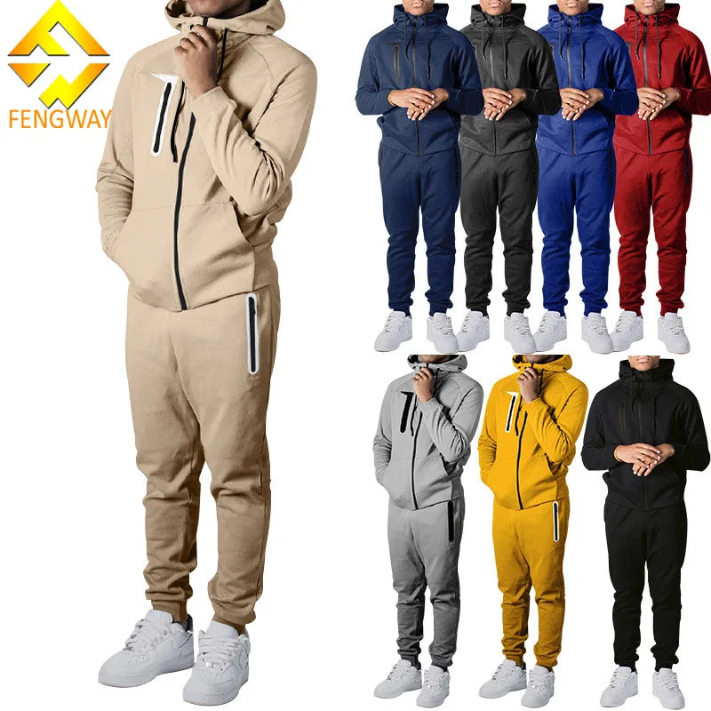 Autumn Casual Men's Two-Piece Polyester Tech Full-Zip Tracksuit Set with Quick Dry Feature
