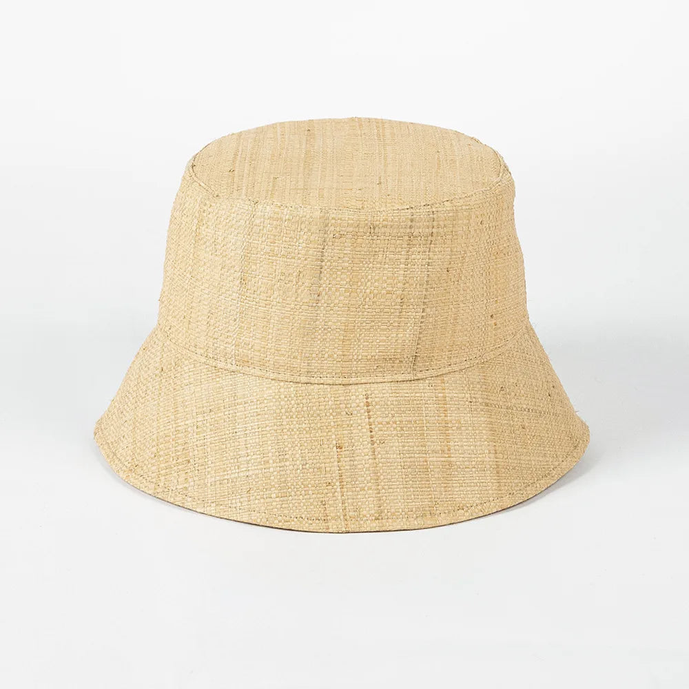 2023 Spring Summer New Fashion Simple Natural Raffia Flat Top Bucket Hat Straw Outdoor Travel Sun Straw Hat for Girl Women Lady
