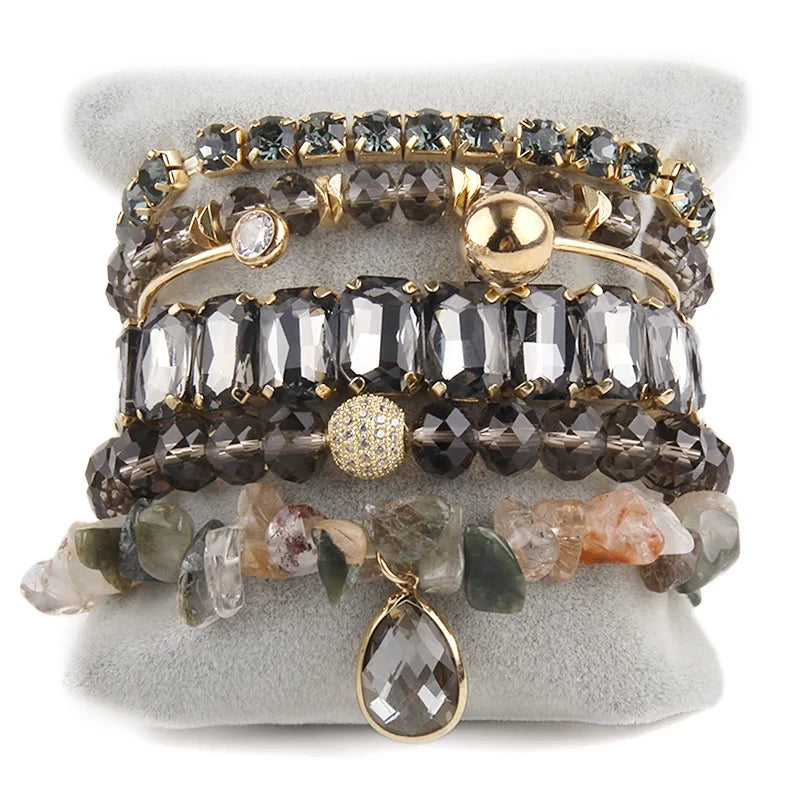 6pc Leaf Druzy Stone Bangle Rectangle Multicolor Crystal Cubic Zircon Bracelet Rhinestone Cup Chain Tennis Stack Bracelet Set