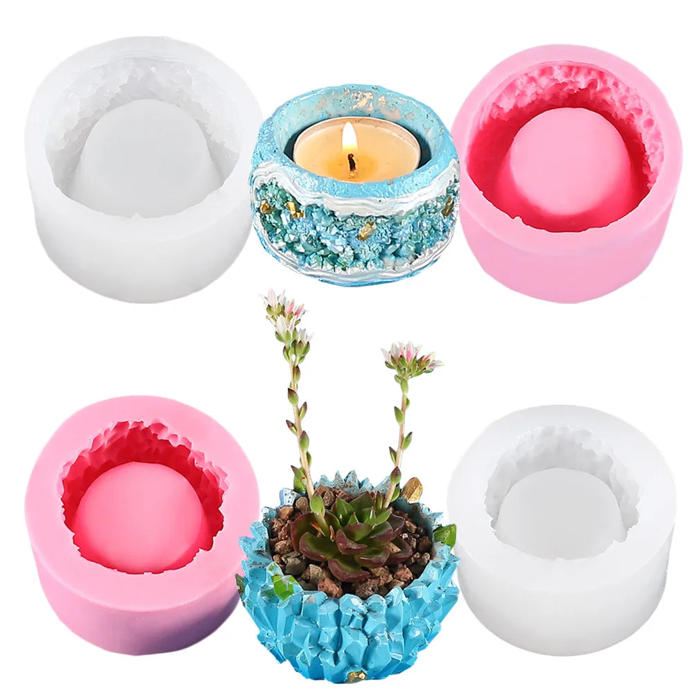 HY Silicone Concrete Mold Artistic Stone Crystal Mine Pattern Flower Pot Mold DIY Candle Holder Mould