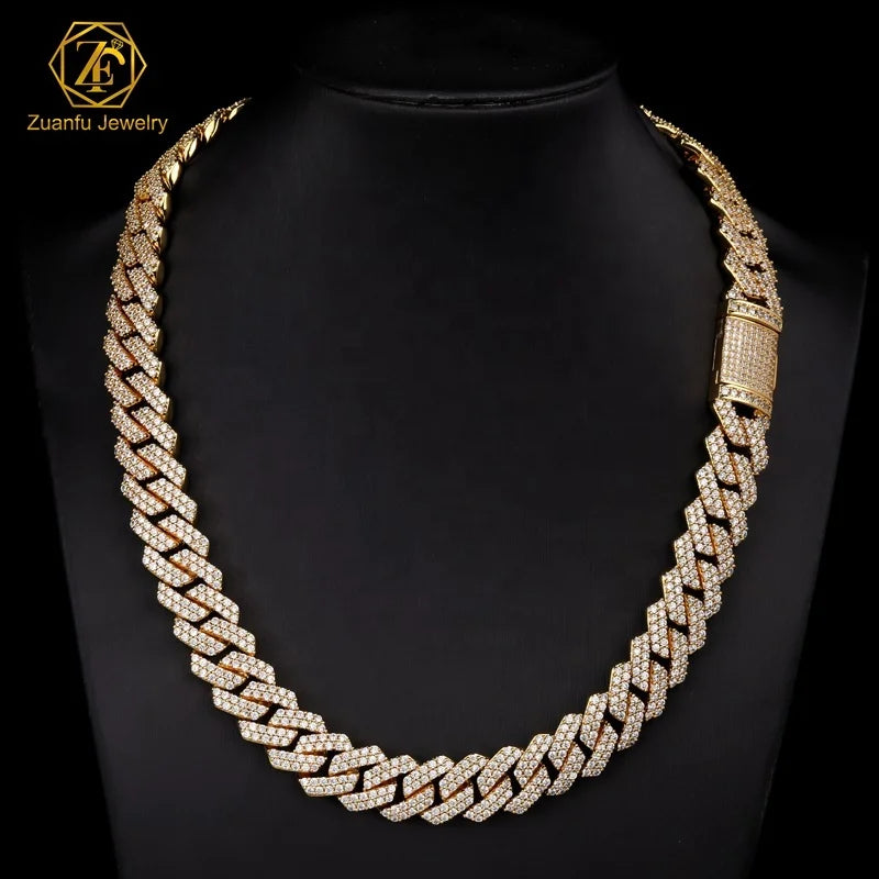 RTS Hiphop Men 2 Rows Cuban Chain 8mm 10mm 14mm 16mm 18K Gold Plated Solid Silver Necklace D VVS Moissanite Cuban Chain Link