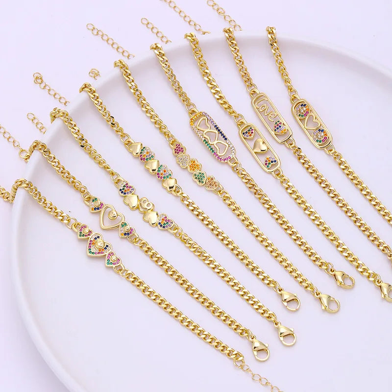 Free Samples Fashion Real 18K Gold Plated Copper Zircon Bracelet for Women Girls Couple Small Cute Heart Charm Bracelets Jewelry