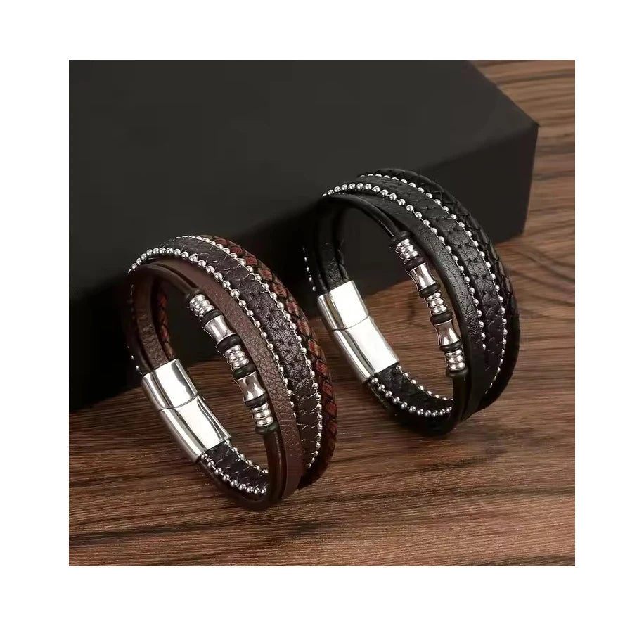 2024 New Arrival Lederen Armbanden Stainless Steel Leather Bracelets Gothic Punk Wide Black Brown Leather Bracelets for Men