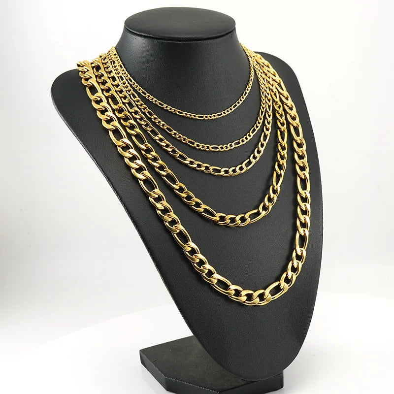 Hip Hop Fashion Stainless Steel 18k Gold Plated NK Figaro Chain Necklace Unisex Men and Women 3 3.7 5.2 7.5 9.5mm