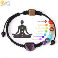 CSJA Handmade Adjustable Yoga Healing Balance Pyramid Charm Natural Stone Crystal 7 Chakra Braided Rope Bracelet for Women H142