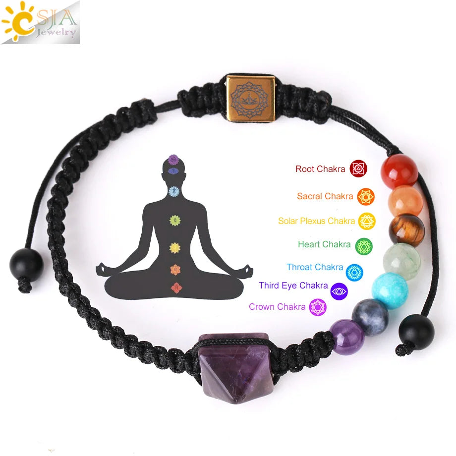 CSJA Handmade Adjustable Yoga Healing Balance Pyramid Charm Natural Stone Crystal 7 Chakra Braided Rope Bracelet for Women H142