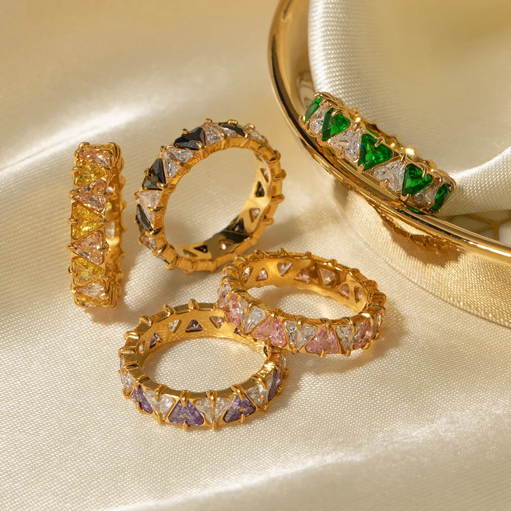 High End Waterproof 18K Gold Plated Stainless Steel Ring Hip Hop Multicolor Triangular Zircon Ring Anillos De Acero Inoxidable