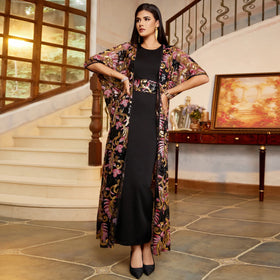 Dubai Fashion Party 2 Pieces Sequin Belted Long Dresses and Batwing Sleeve Prints Open Kimono Abayas Saudi Kaftan