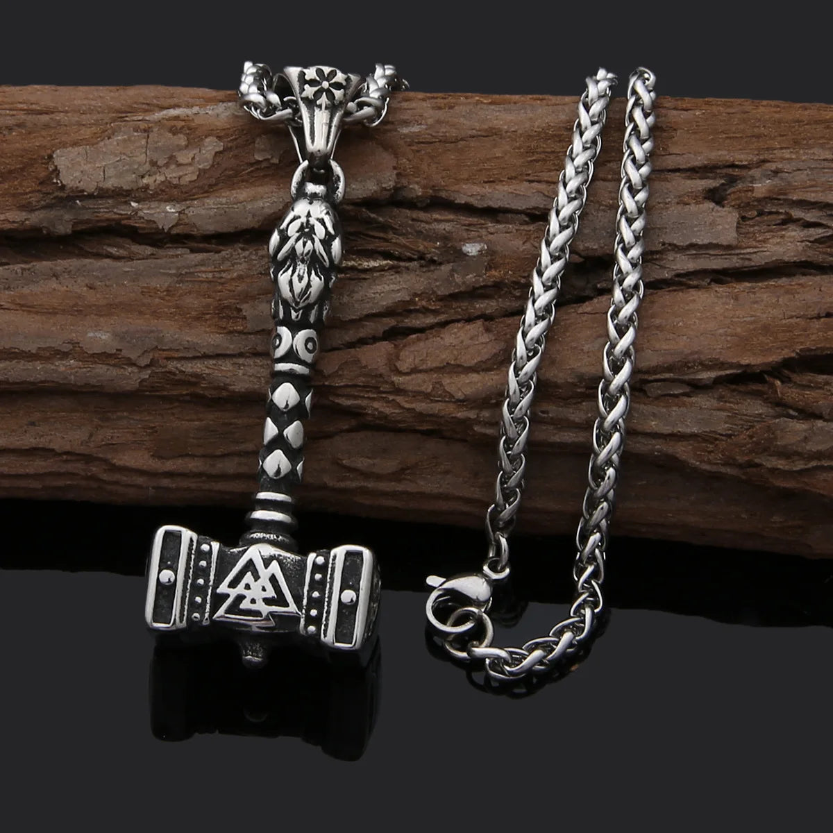 Vintage Nordic Viking Mjolnir Thor Hammer Valknut Stainless Steel Necklace for Men