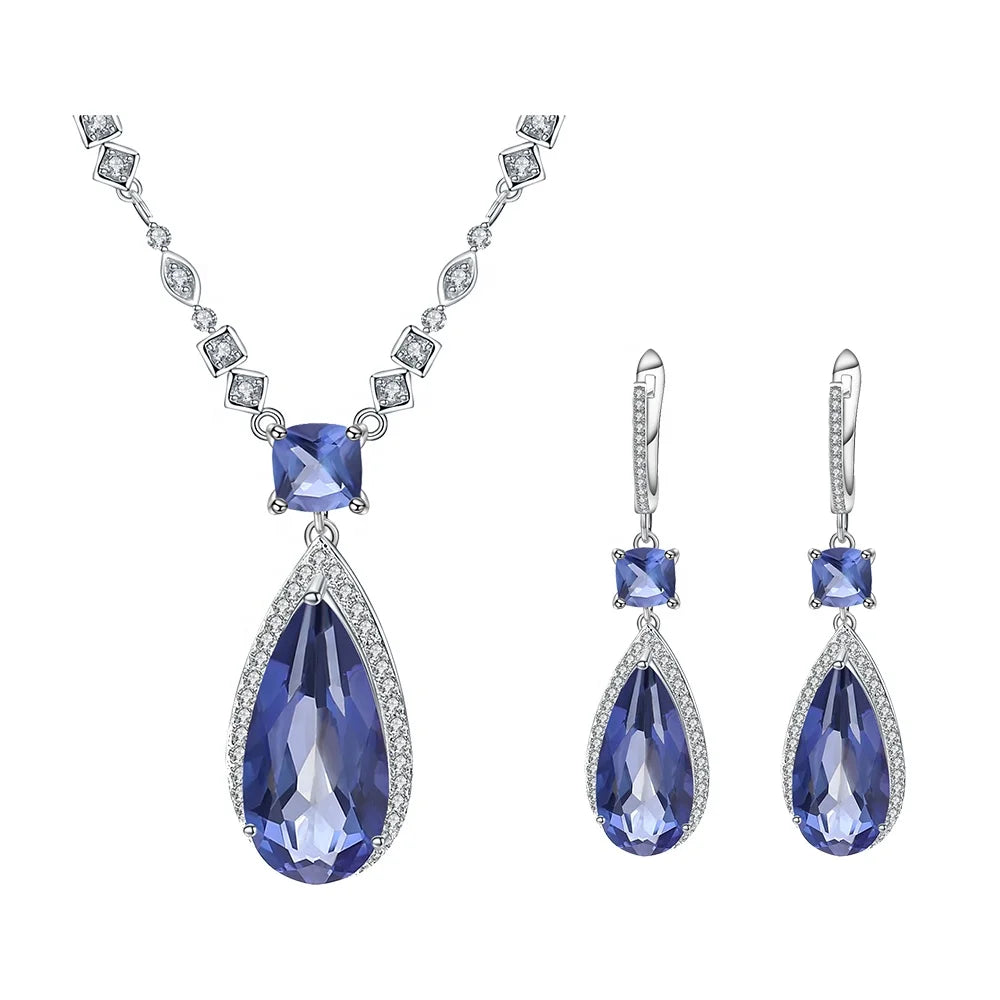 A2958 Abiding Evening Party Waterdrop Halo Iolite Blue Mystic Quartz Gemstone 925 Silver Female Wedding Jewelry Sets for Gifts