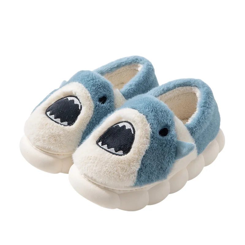 Hot Selling Cute Cartoon Shark Non-slip Cotton Slippers Winter Men's and Women's Plush Full Heel Warmer Slippers