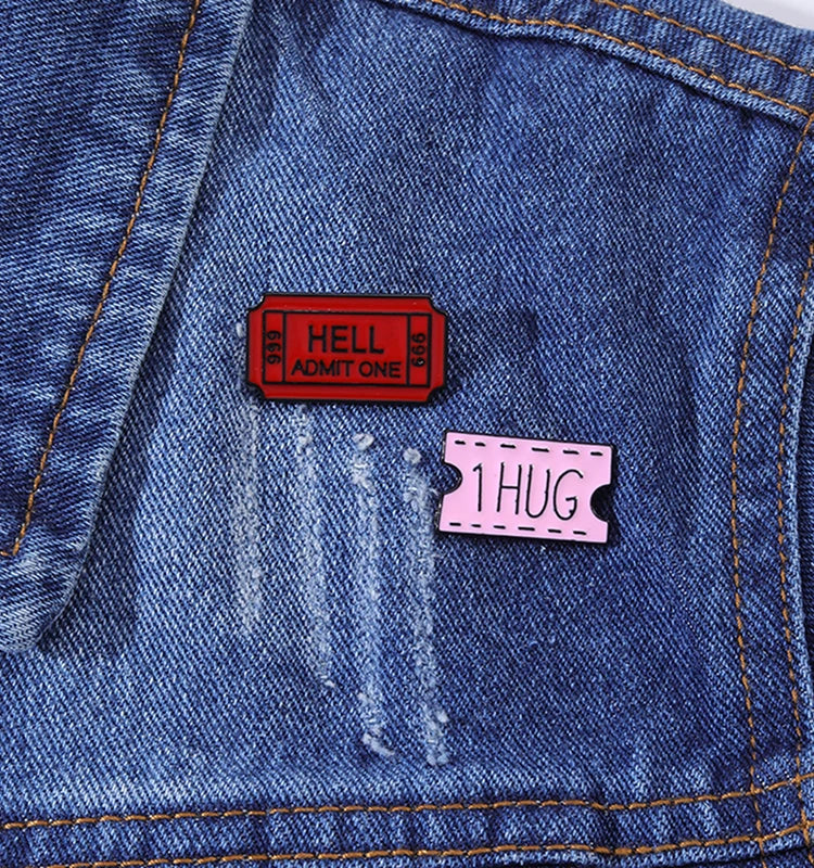New Arrivals One Way Ticket to Hell "hell Admit One 666" Brooch Badge Denim Jeans Lapel Pin Cool Gothic Brooch