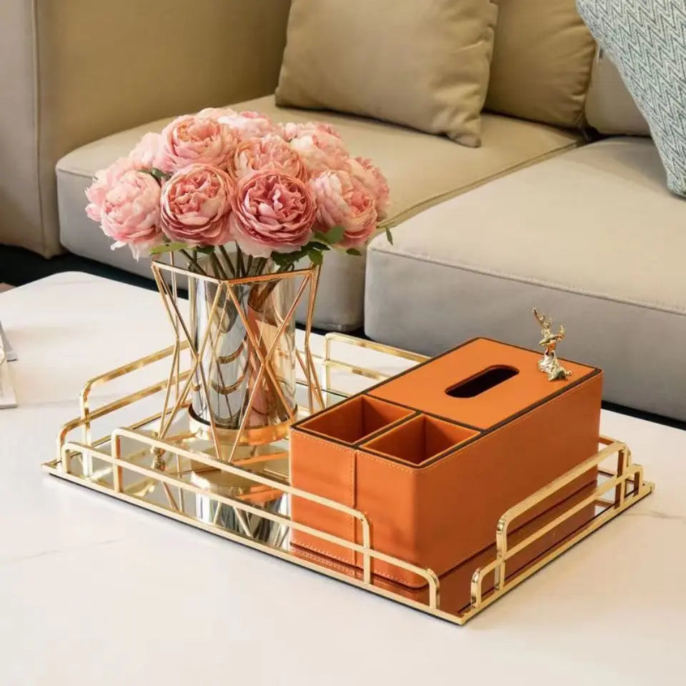 Modern Luxury Gold Crystal Mirror Tray Nordic Style Home Decor for Living Room Tables and Wedding Celebrations