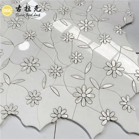 Wildflower Design Polished White Marble Inlay Shell Mosaic Tile Waterjet Cut Parquet for Interior Decor