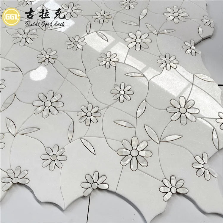 Wildflower Design Polished White Marble Inlay Shell Mosaic Tile Waterjet Cut Parquet for Interior Decor