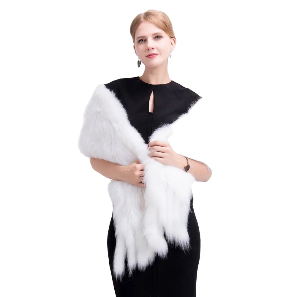 Luxury Women Scarves White Fox Fur Shawl With Tassels Hand Knit Fluffy Fox Fur Wrap for Wedding