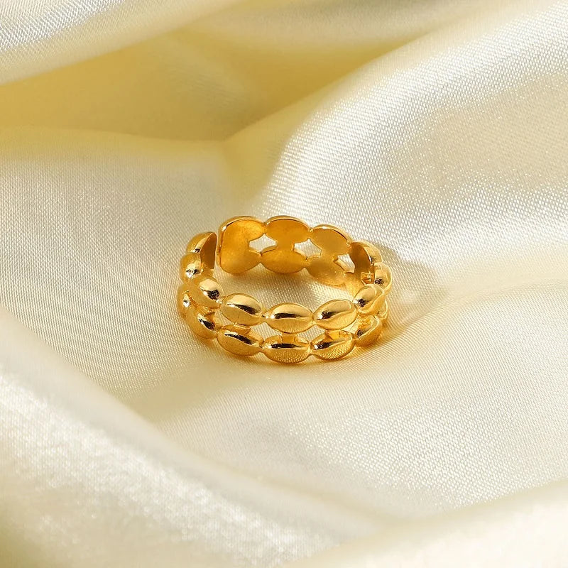 Stainless Steel Open Adjustablejewelry 18k Gold Plated Unique Jewelry Double Row Oval Bean Beads Finger Rings