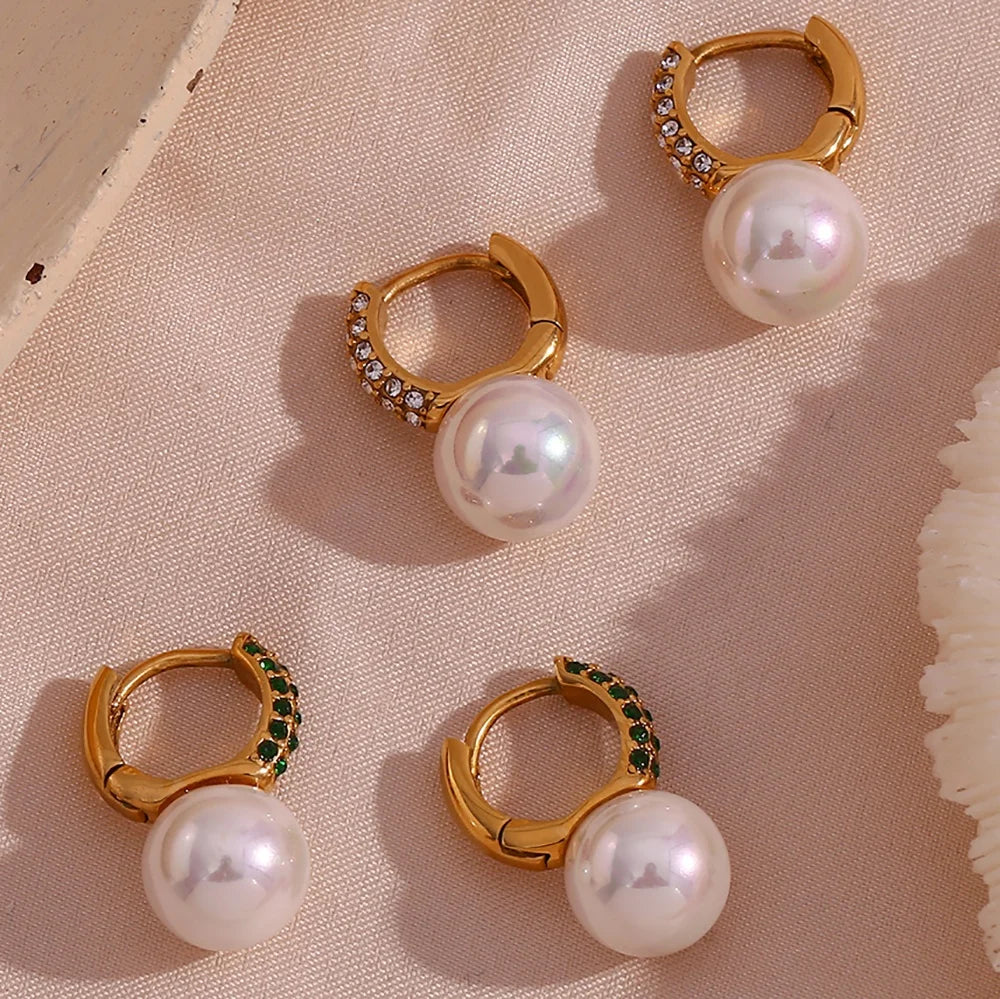 Dainty AAA Zircon Imitation Pearl Huggie Earrings Stylish Stainless Steel Pearl Hoop for Women for Wedding or Gift
