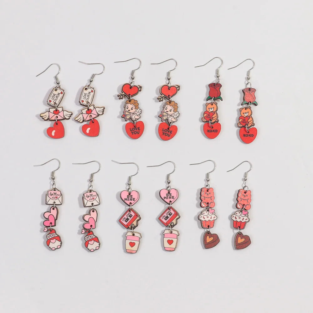 Valentine's Day Jewelry Cartoon Cupid Love Letter Rose Cake Bear Romantic Heart Girl Accessories Long Wood Drop Earrings Gift