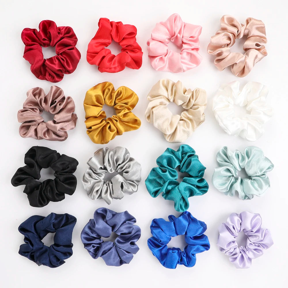 QIYUE Luxury Satin Hair Scrunchies Custom Plain Colors Teal Chouchou for Girls and Women Made of Silk and Fabric