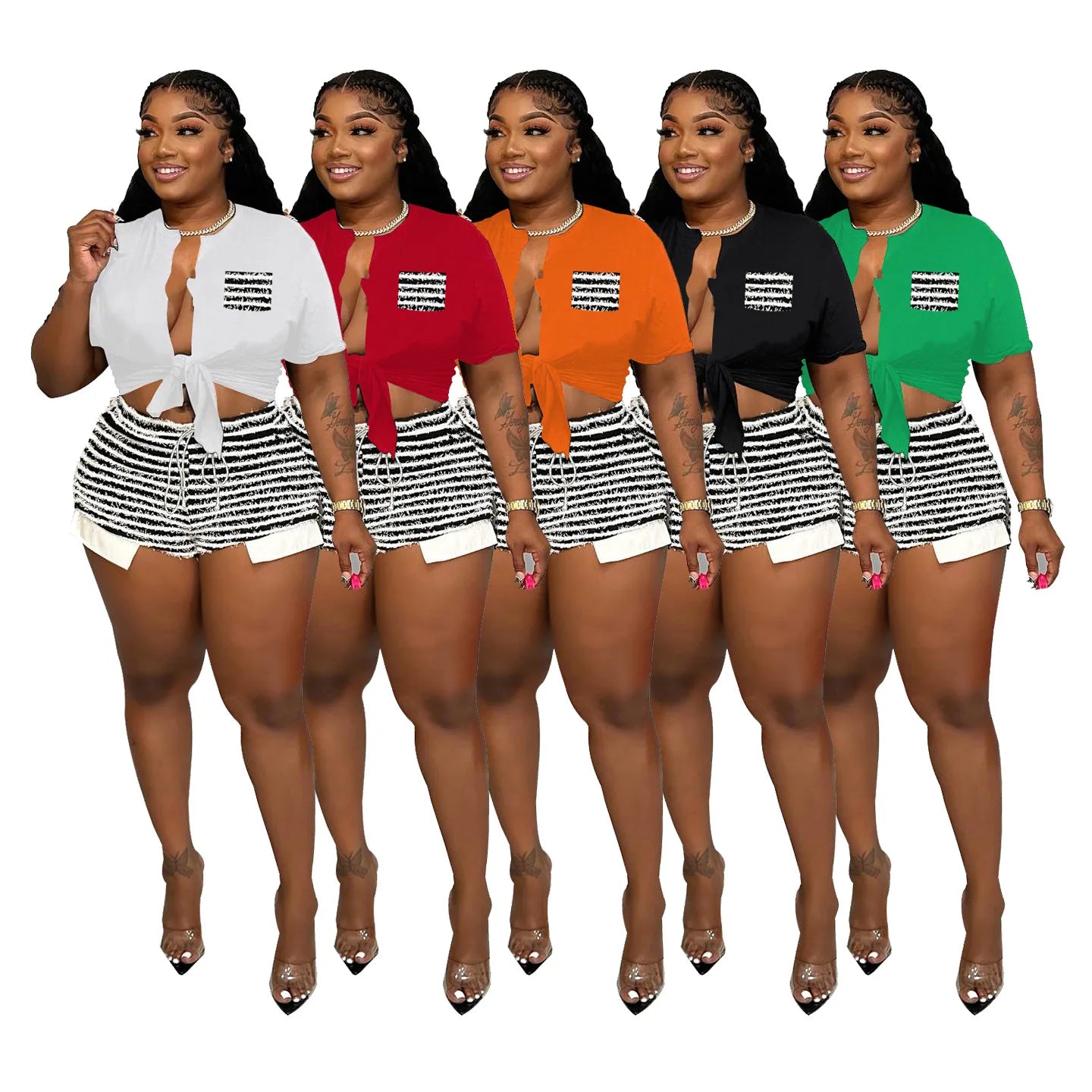 Truen 2026 Hot Selling Fashion Women's Clothing Striped Shorts Crop Top Bandage T-shirt Casual Summer Two-piece Set Shorts Sets
