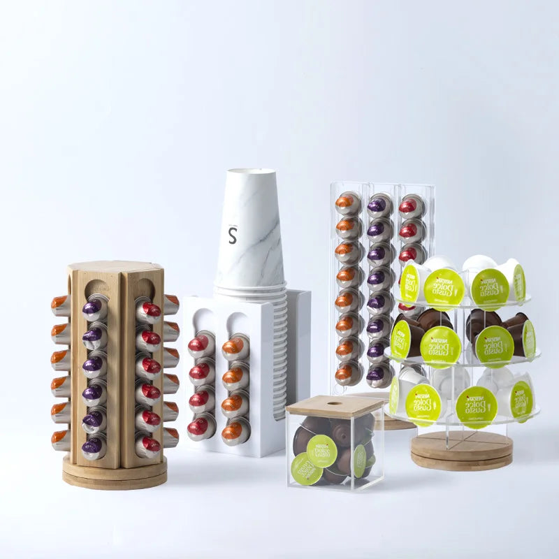 CNLF Bamboo Coffee Pods Holder Standing Type Kitchen Organizer for Nespresso Capsules Coffee Storage Solution
