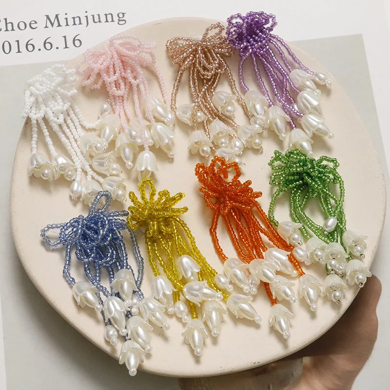 Women's Handmade Beaded Orchid Bell Snow Group Tassel Earrings Accessory Braided Romantic Patch Accessories for Cloth Decoration