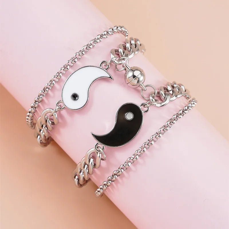 Chinese Yin Yang Splicing Ball Magnetic Buckle Couple Bracelet Set Stainless Steel Chains Bracelet for Men and Women