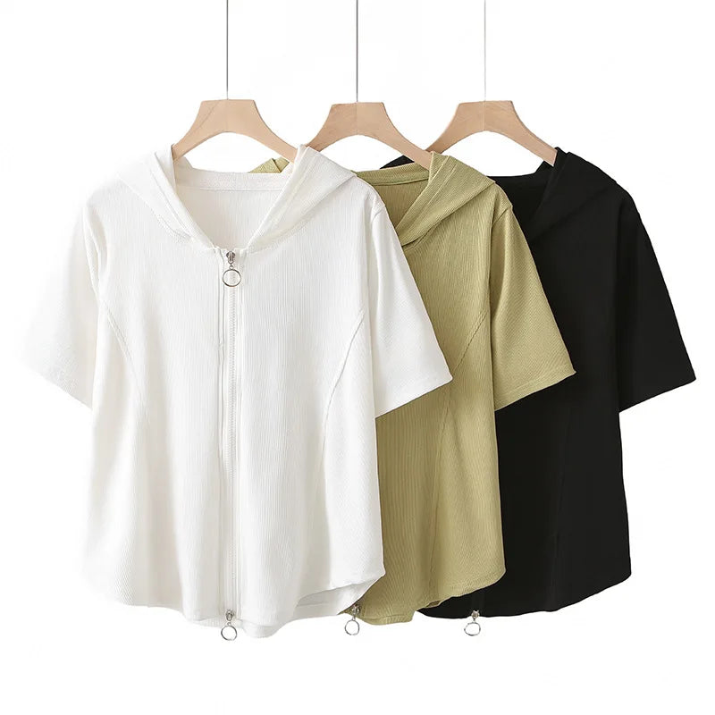Casual Summer T-Shirt for Plus Size Women 100% Cotton Knitted Zipper Design Short Loose Fit Anti-Pilling All-Match Fashion for