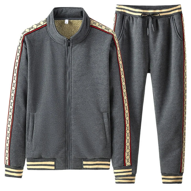 High Quality Winter Warm Patchwork Embroidered Lamb Fleece Zipper Hoodie Set