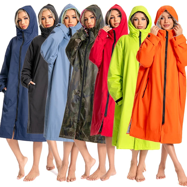 Custom Men Women Waterproof Coat Jacket Long Sleeve Swim Parka Fleece Fabric Lining Oversized Hooded Changing Robe Surf Poncho