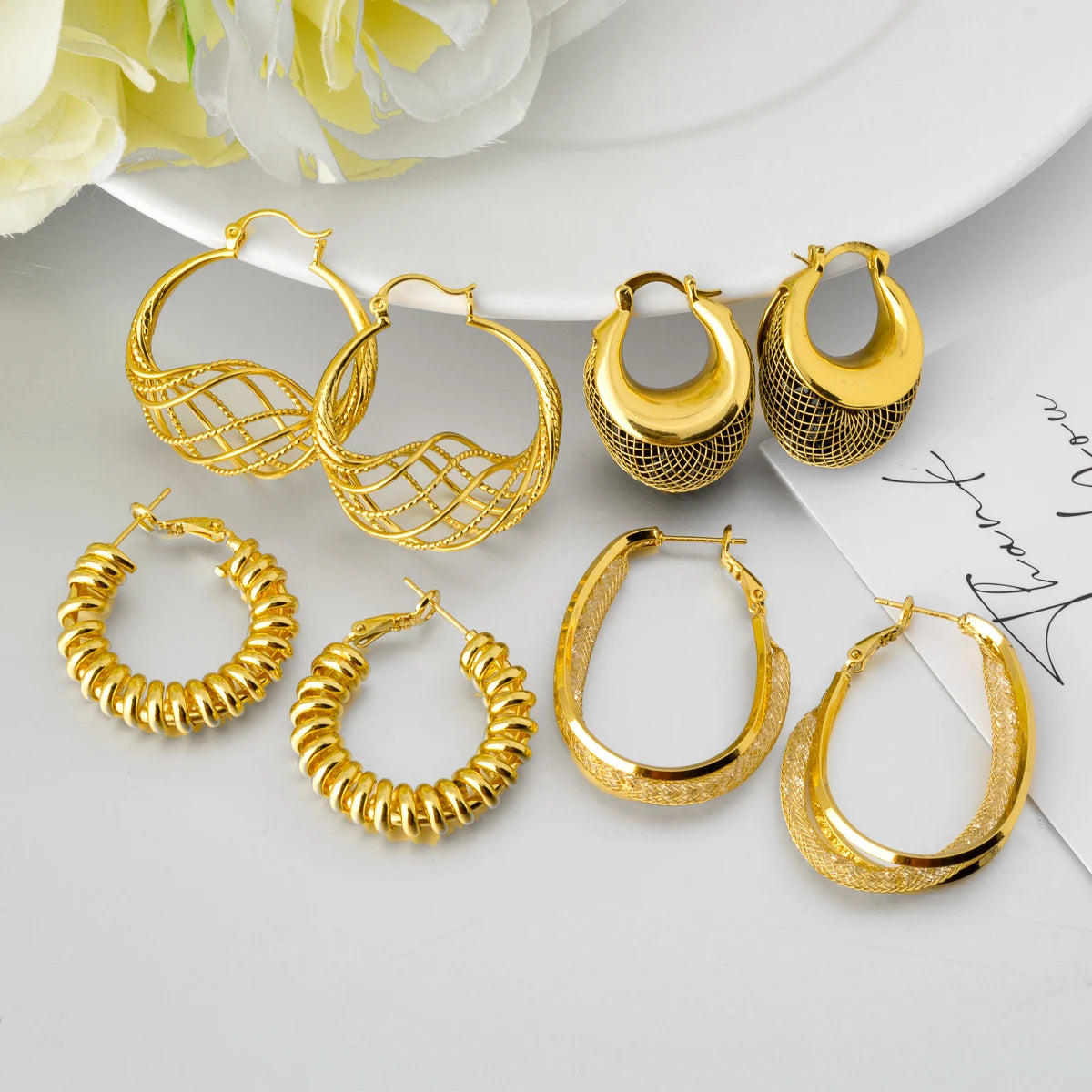 Personality Minimalist Hip Hop 18K Gold Plated Copper Zircon  CC Hoop Charm Earrings Set Women
