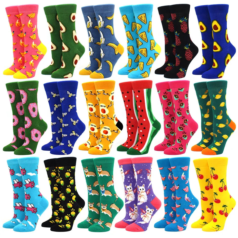 Colorful Women's Cotton Crew Socks Funny Banana Cat Animal Fruit Pattern Creative Ladies Novelty Cartoon Sock for Gifts