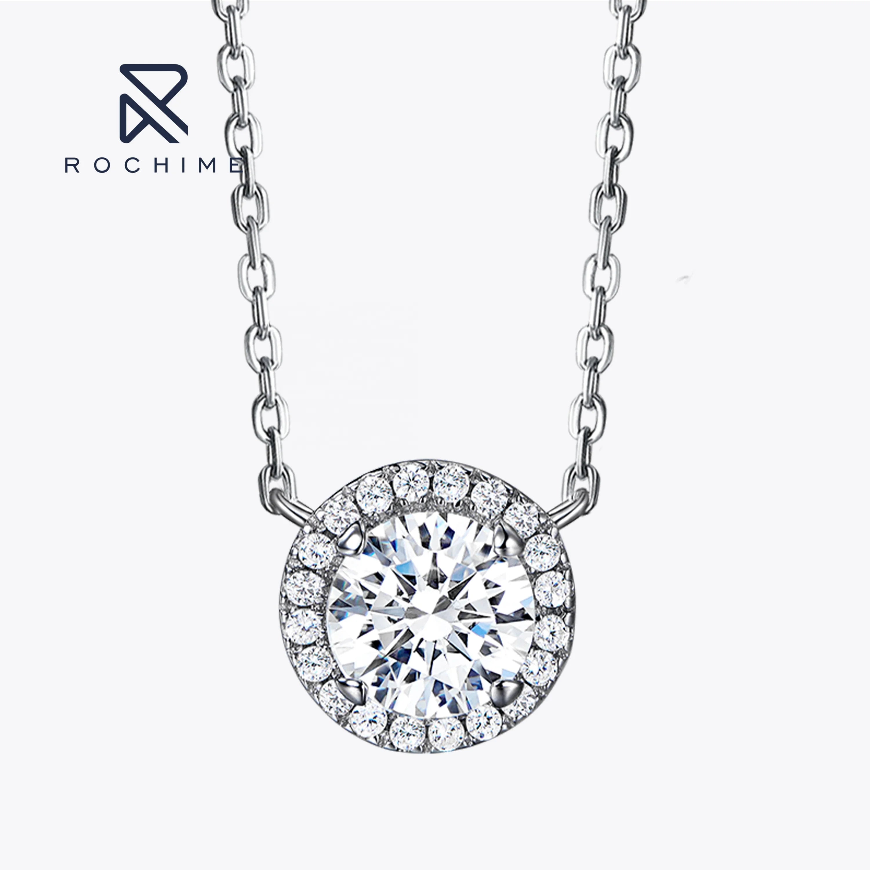 Rochime Fashion halo Round Brilliant Diamond Necklace 925 Sterling Silver Rhodium Plated Cubic Zirconia Jewelry for Women