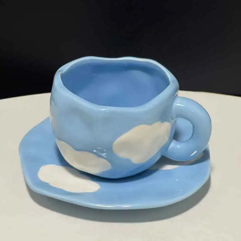 Madou Aesthetic Cloud Painting Blue Ceramic Mug Saucer Set Hand-Painted Art Sky Pottery for Coffee Tea Juice Milk with Tray MegaBDM