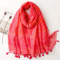 Women Stylish Red Geometric Pattern Cotton Voile Scarf Shawls Long Large 110cm Wide Cotton Printed Cover up Scarf With Tassel