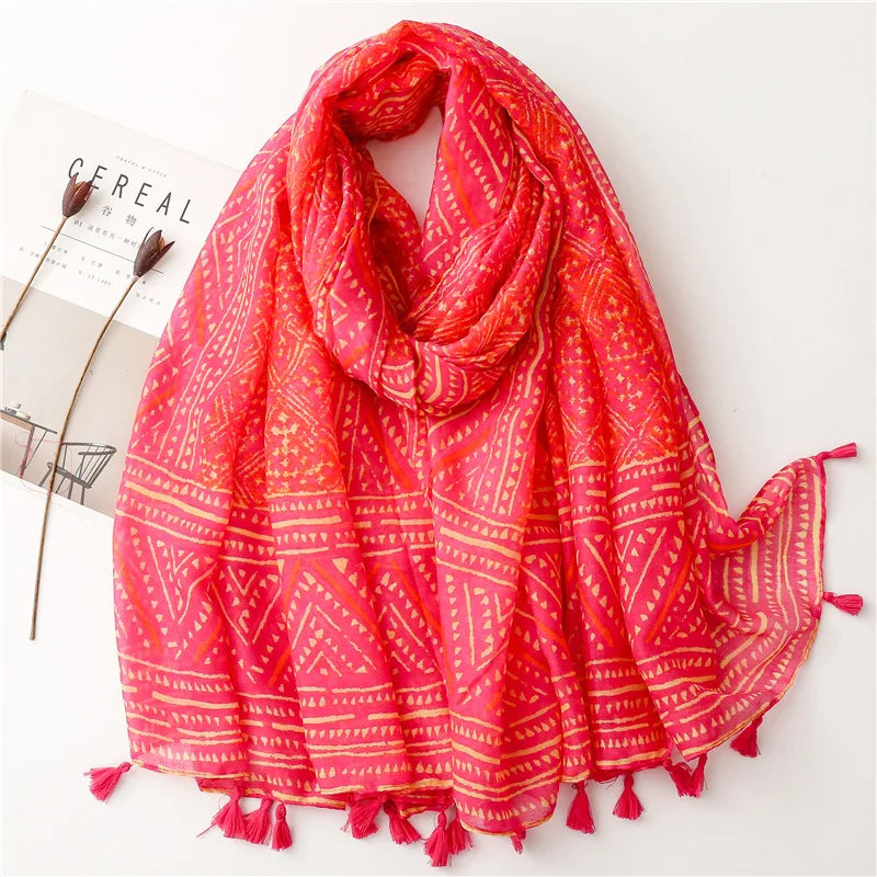 Women Stylish Red Geometric Pattern Cotton Voile Scarf Shawls Long Large 110cm Wide Cotton Printed Cover up Scarf With Tassel